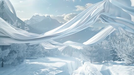 Aufkleber - An abstract winter landscape scene with a flying cloth. 3D rendering.