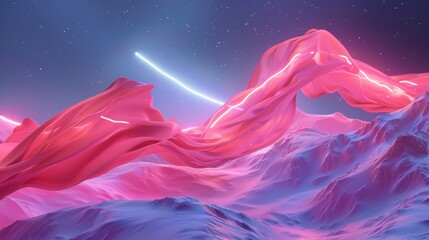 Aufkleber - Winter landscape scene with flying cloth and neon lights. 3D rendering.