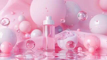 Leinwandbilder - Background with glossy water bubbles and a fashion beauty stand. 3d rendering.