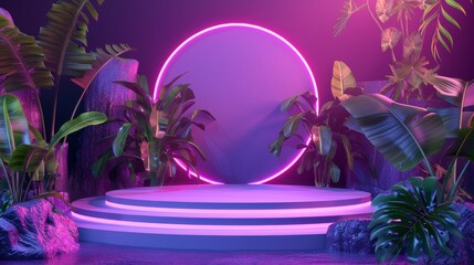 Leinwandbilder - A summer podium backdrop featuring tropical leaves and neon lights. A 3D rendering.