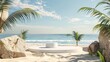 A natural summer beach scene with a podium for displaying products. 3D rendering.