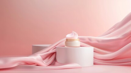 Poster - 3D rendering of beauty fashion smooth elegant flying cloth with cosmetic cream jar for product display.