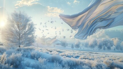 Poster - A smooth flying crystal cloth with a scene from a winter landscape in 3D...