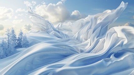 Aufkleber - Winter scene with flying fabric cloth. 3D rendering.