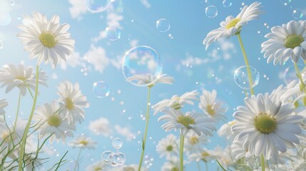 Poster - Product display with white daisies and soap bubbles on a blue sky background. 3D rendering.