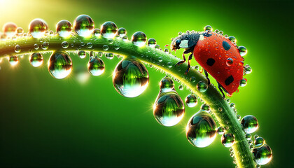 A ladybug on a green stem with water droplets hanging off it. The focus is on the ladybug, which is depicted in sharp detail