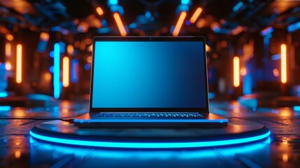 Canvas Print - An empty touch screen laptop on a futuristic podium with neon lighting from the podiums and a blank blue screen on a black background. Modern illustration.