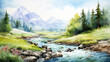 Alpine meadow with flowing river and distant mountains. Wall art wallpaper