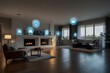 illustrate the concept of the Internet of Things with an image of a smart home, featuring various connected devices and appliances, shot from a low angle with a wide-angle lens to showcase the entire 