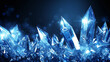 A blue crystal formation with a blue background. The crystals are cut into various shapes and sizes, and they are scattered throughout the image. Scene is serene and calming