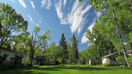 A neighborhood with a green sky, where buildings and trees are 3D and vibrant.