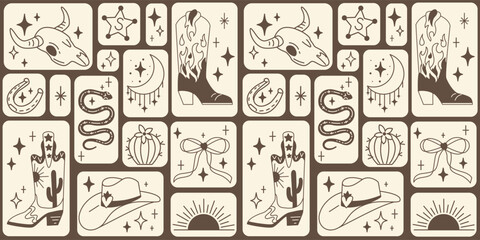 Seamless pattern with various doodle line style trendy cowboy boots, hats, cow scull, snake. Boho American western desert elements.Vector cowgirl illustration. Simple tattoo mosaic background