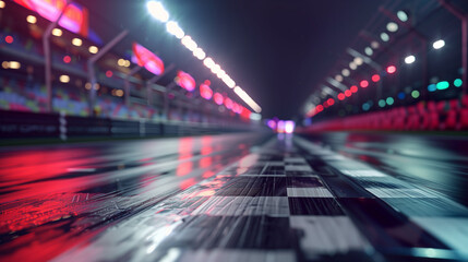 Wall Mural - Blurry view of race track at night, with the finish line visible and the track surrounded by darkness