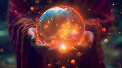 Wall Mural - Magician or fortune teller with crystal ball looks into the future. Female fortune teller holding a magic crystal ball witch calling spirits to talk. Spiritual magic lights. Fortune teller 4k.