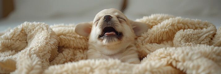 Wall Mural - Adorable Puppy Yawning Blissfully on a Cozy Blanket