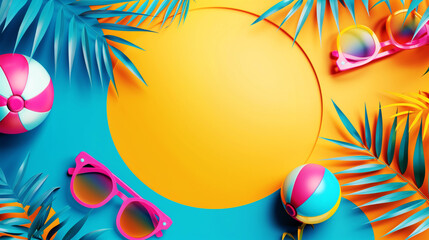 Wall Mural - Summer-themed background with tropical leaves, sunglasses, and beach balls