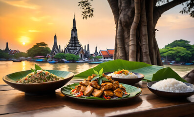 Wall Mural - best quality of traditional Thai dishes, including a colorful vegetable salad at the center