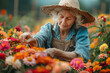 Elderly Woman Tending to Colorful Garden Flowers in Sunhat
