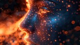 Fototapeta  - Abstract Digital Face with Dazzling Blue and Orange Lights