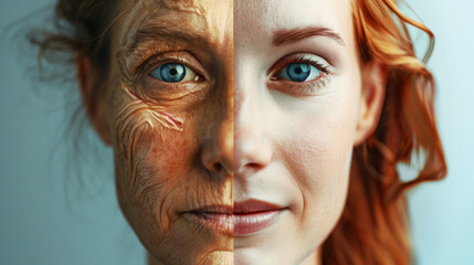 Canvas Print - Split-face concept showing a young woman and an elderly woman in one image.