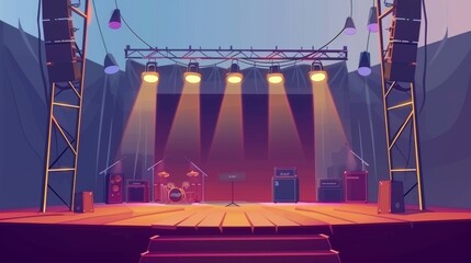 Poster - The stage with truss, music equipment and spotlights is an empty scene for a rock festival, show, performance or presentation.