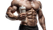 Muscular man holding a protein shaker bottle 