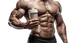 Fototapeta Sport - Muscular man holding a protein shaker bottle 