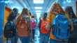 Vibrant school corridor bustling with students during passing period, characterized by chatter, colorful backpacks, and youthful energy.