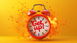A red alarm clock with the words 'Get up!' on its face against a yellow background