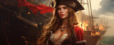 Beautiful pirate woman with burning ship in the background, panoramic view, generated ai
