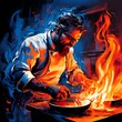 Chef extinguishing flames engulfing a restaurant kitchen, rendered in strokes of bold blue pen, tangled culinary chaos, smoke tendrils curling, flickers of orange and red ag