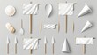 A set of realistic 3D modern icons with toothpick flags, white banners of different shapes on wooden pointed sticks. Oval, triangular, rectangular, and double edged pennants isolated on transparent