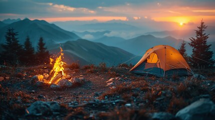 cozy camp fire with a teapot and tent in front of mountains at sunset featuring a travel concept and
