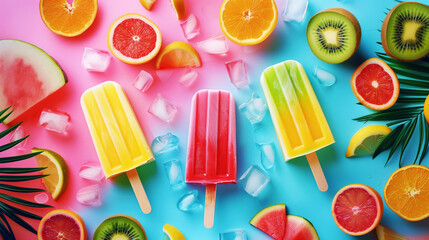 Canvas Print - Colorful fruit popsicles with fresh slices and ice on a vibrant pink and blue background.