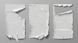 Blank paper pages pieces with ripped edges isolated on gray background. Ripped and crumpled white notes isolated on gray background, modern realistic illustration.