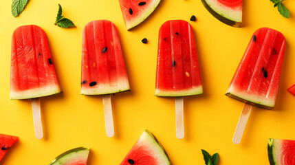 Poster - Watermelon-themed popsicles styled with fresh slices and mint on a yellow background