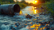Dangerous chemicals and hazardous waste are discharged into the river through a drain iron pipe, environmental pollution concept
