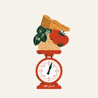 Kitchen scale with the pasta ingredients. Parmesan with tomato and basil with pasta. Vector illustration