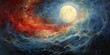 Oil drawing  painting of a moon in the sky. Graphic art canvas in dark blue colors illustration. Outdoor nature landscape view