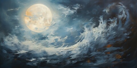 Wall Mural - oil drawing painting of a moon in the sky. graphic art canvas in dark blue colors illustration. outd
