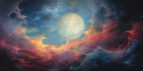 Wall Mural - oil drawing painting of a moon in the sky. graphic art canvas in dark blue colors illustration. outd