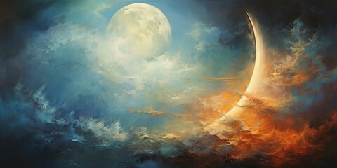 Wall Mural - oil drawing painting of a moon in the sky. graphic art canvas in dark blue colors illustration. outd