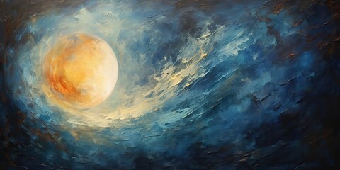 Wall Mural - oil drawing painting of a moon in the sky. graphic art canvas in dark blue colors illustration. outd