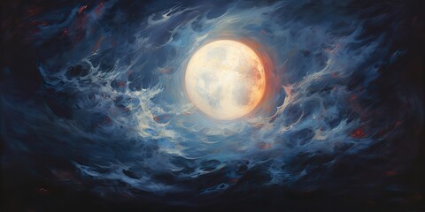 Wall Mural - oil drawing painting of a moon in the sky. graphic art canvas in dark blue colors illustration. outd