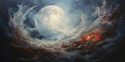 Wall Mural - oil drawing painting of a moon in the sky. graphic art canvas in dark blue colors illustration. outd
