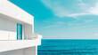 Architectural detail of white modern Mediterranean house over turquoise sea and blue sky background. Minimal architecture building detail in coastline by ocean or sea