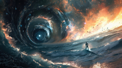 surfer beneath a cosmic wave nebula