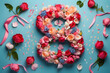 A beautiful heart-shaped wreath made with roses and petals against a vibrant blue backdrop, evoking love and celebration