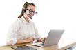 A young female consultant operator uses a microphone and internet in the office laptop. Isolated background.