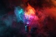 Light bulb with colorful smoke, black background, vibrant colors. Burning lamp in a dark. Glowing effect. Concept of idea, innovation, business creativity. Advertising poster template. Art wallpaper